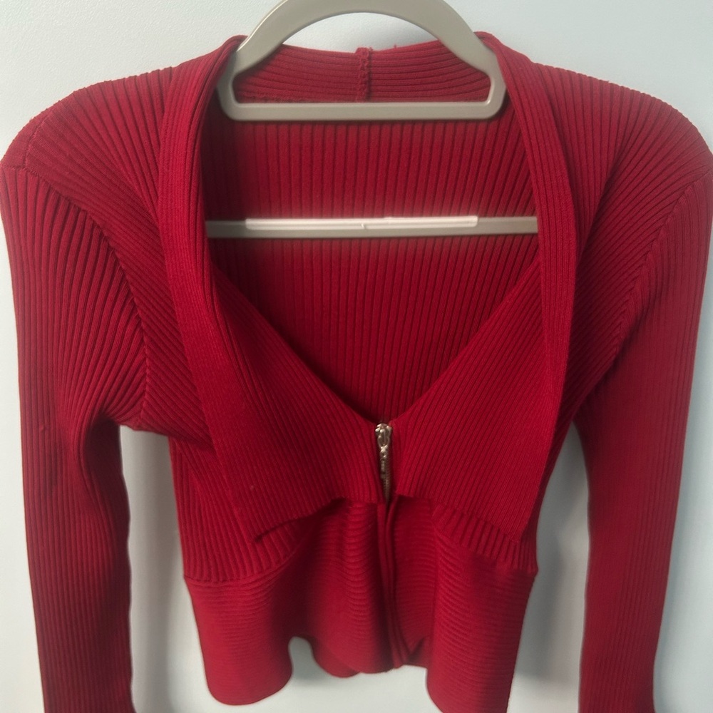 Red Flared Zip Up Cardigan